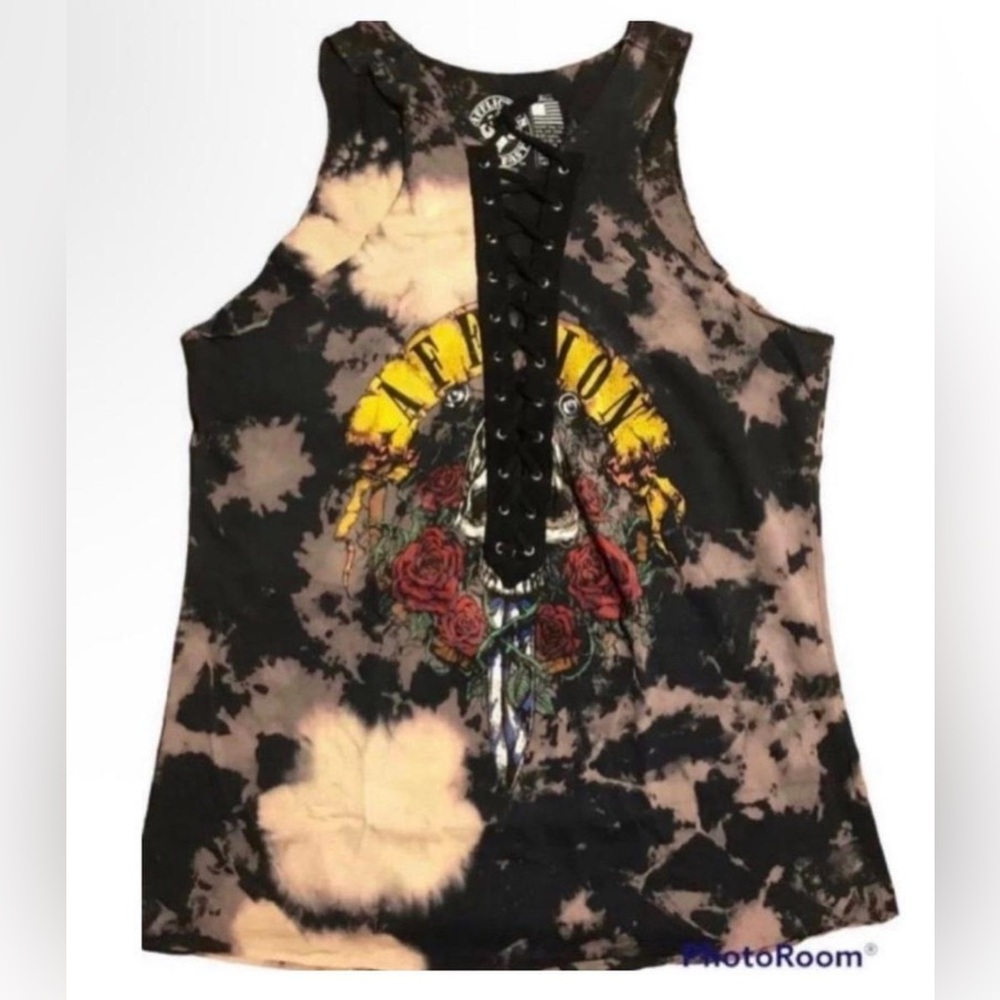 Affliction Tie-Dye Lace-Up Graphic Tank Top - Black & Beige NWOT Size Small